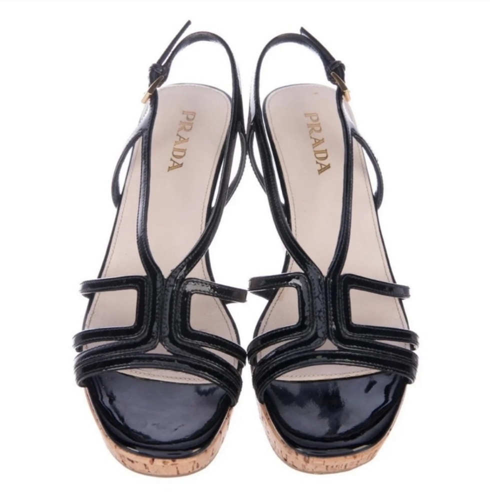 Prada Black Patent Leather Strappy Cork Platform Wedge Sandals